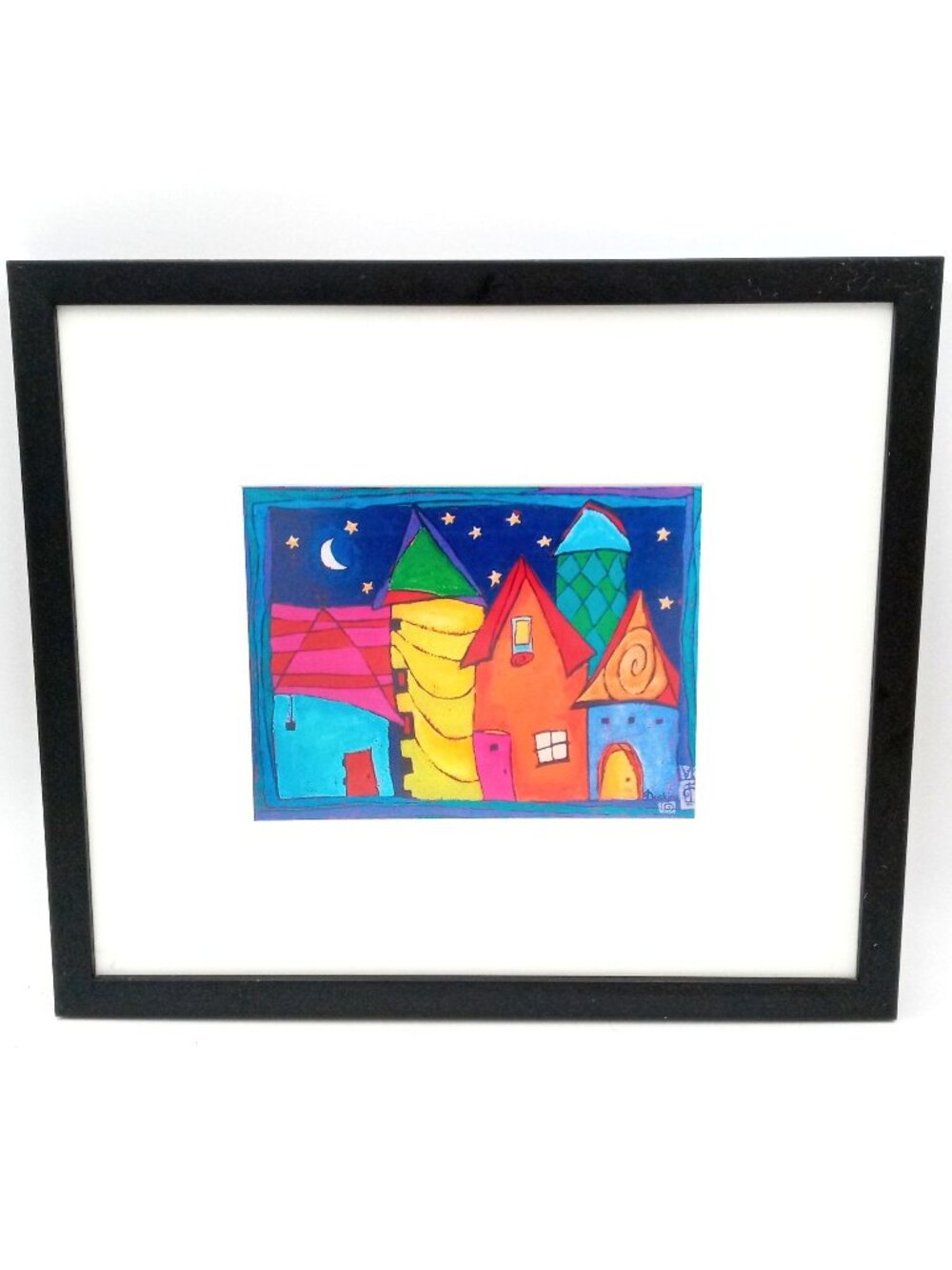 Whimsical Homes Wall Art Night Sky Framed Print Colorful Houses Moon Stars